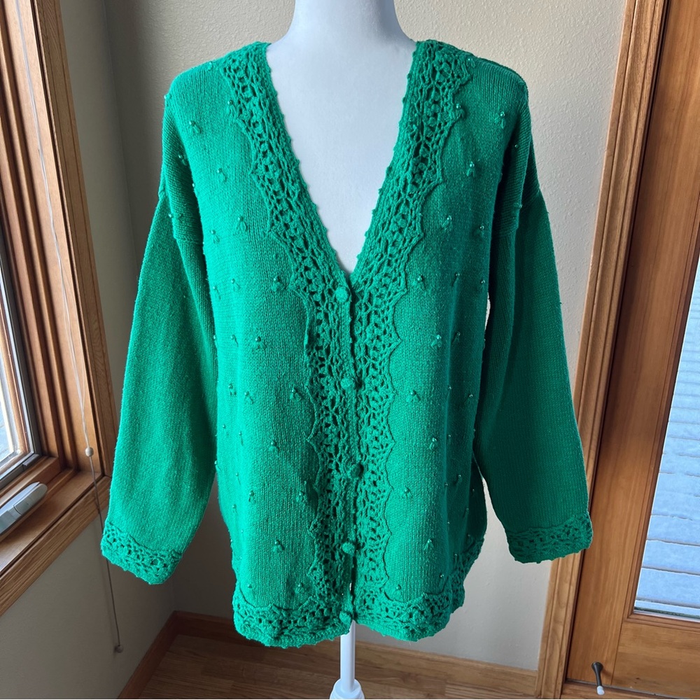 Signature By Northern Isles Hand Embroidered Cardigan Sweater Women’s XL Green
